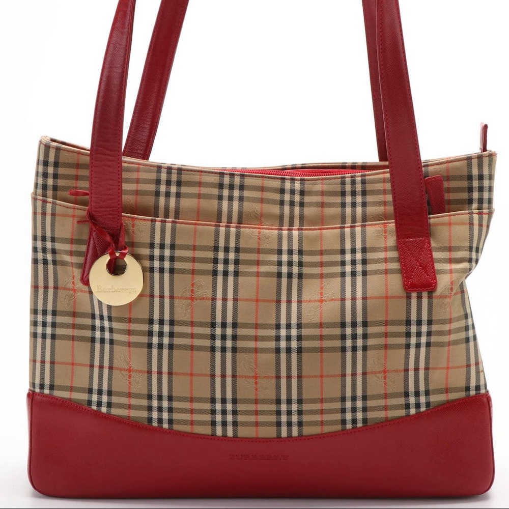 Burberry Haymarket Check Tote Bag with Red leather bottom/trim